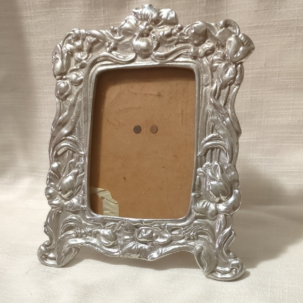 Antique Solid Pewter Ornate Photo Frame